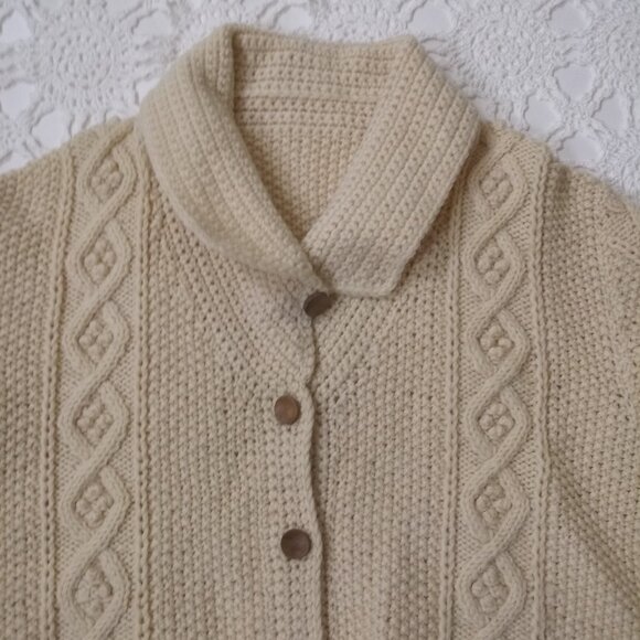 Vtg Handmade Cardigan Sweater Ivory Button Up Shawl Collar Cable Medium Women M - Picture 4 of 7